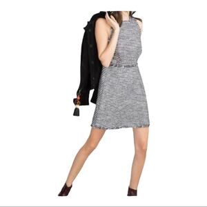 Zara White Blue Stripe Tweed Fringe Trim Sleeveless Mini Dress Medium EUC